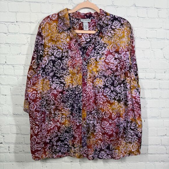 Catherines Blouse Women Size 0X Multicolor Button 3/4 Sleeve Artsy Abstract Top - Picture 1 of 10